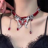 Daiiibabyyy  Gothic Exaggerated Large Butterfly Pendant Choker Cross Star Red Bead Necklace For Women Halloween Grunge Jewelry Accessories