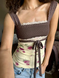 Daiiibabyyy  Fashion Polka Dot Rose Lace Tie Front Women Shirt Elegant Square Neck Sleeveless Ruched Blouse New Commute Street Outerwear