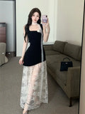 Daiiibabyyy  French  flower square neck vest splicing lace dress summer new temperament age-reducing versatile dress