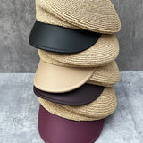 Daiiibabyyy  Summer Straw Cap PU Leather Women's Newsboy Cap Beret Hat Sun Cap Visor Travel Beach Hat