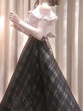 Daiiibabyyy  Casual Sweet Japanese Vintage Off Shoulder Dress Women Polka Dot Lace Trim Bow Pearl Detail Slim Fit Long Dress Elegant Outfit