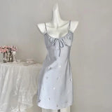Daiiibabyyy  Blue Silver Butterfly Padded Cami Sleep Dress Ice Silk Nightgown with Built-in Bra Women Summer Sweet Butterfly Print Nightdress