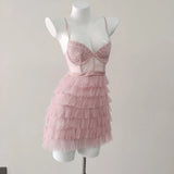 Daiiibabyyy  Pink Sweet Nightgowns Gauze Mesh Slim Waist Thin Fluffy Cake Dress Women's Sleepwear Suspender Fishbone Nightdress Home Clothes