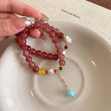 Daiiibabyyy  Purple Pink Crystal Pearl Beaded Bracelet New Flower Bead Tassel Design Exquisite Elastic Elegant Bracelet Women's Jewelry Gift