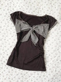 Daiiibabyyy  American Retro Sweet Spicy Bow Plaid Short Sleeved T-shirt Summer Vintage Simple Patchwork Round Neck Top