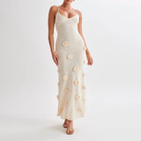 Daiiibabyyy  3D Flower Knitted Long Cami Dress Beach Holiday Women Backlss Cross Tie Up Maxi Dress Summer Sleeveless Cocktail Bodycon Dress