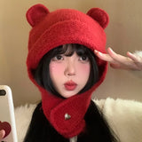 DAIIIBABYY  -  Retro New Year's Red Cute Bear Ears Balaclava Hats for Women Autumn Winter Casual Warm Fashion Versatile Knitted Beanies Y2k