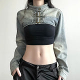 DAIIIBABYYY  -  Y2K Cropped Denim Jacket Women Vintage 90S Sexy Long Sleeve Jeans Coats Summer Gyaru Harajuku Streetwear Design Outerwears