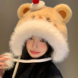 Daiiibabyyy  Cute Fluffy Fur Plush Ear Protection Cap Windproof Thick Keep Warm Headgear Cartoon Sheep Winter Warm Hat Women Fashion