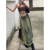 DAIIIBABYYY  -  Y2K Print Denim Midi Skirt Women Vintage Beading Raw Edge Wrap Jeans Skirts Summer Gyaru Harajuku High Waist Design Faldas