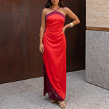 Daiiibabyyy  Women Fashion Color Blocking Split Slim Long Dress Elegant Scarf Waist Sling Maxi Dress Sexy Off shoulder Sleeveless Party Gowns