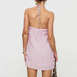 DAIIIBABYYY  -  Summer Hollow Out Backless Casual Dress New Fashion Sleeveless Lace Up Beach Dress Woman Elegant Stripe Print Halter Party Dress
