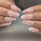 Daiiibabyyy  24Pcs French White Gradient Almond Press on Nails Flower Pattern False Nails with 3D Rhinestone Design Fake Nail Art