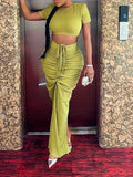 DAIIIBABYYY  -  Solid Chic Two Piece Sets for Women Round Neck Short Sleeve Tops High Waist Spliced Folds Chic Skirts Chic Set Female New