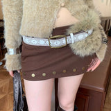 Daiiibabyyy  Fashion PU Leather Leather Fur Belt Faux Fur Rivet Furry Waistband Korean Style Spicy Girl Style Y2K Waistband Dress Decoration