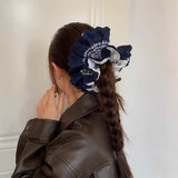 Daiiibabyyy  1PC Large Navy Blue Plaid Hair Scrunchie With Lace Trim, Chic Ruffled Hair Tie, Stylish Hair Accessory For Women