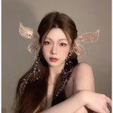 Daiiibabyyy Fairy Ear Headwear Crystal Hairpin Butterfly Tassel Side Clip Delicate Bridal Wedding Hair Accessories