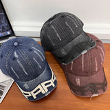 DAIIIBABYYY  -  New Washed Cotton Baseball Cap Unisex Hip Hop Street Sun Hat Outdoor Soft Top Distressed Letters Denim Peaked Cap