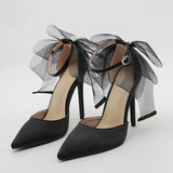 Daiiibabyyy  New Sexy Thin High Heels Buckle Strap Women Pumps Fashion Mesh Butterfly-knot Pointed Toe Wedding Banquet Shoes