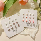 DAIIIBABYYY  -  Hot Selling Cute Flower Heart Cartoon Animal Stud Earrings Set for Women Korean Fashion Sweet Pink Peach Earring Jewelry