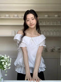 DAIIIBABYYY  -  2025 Korean Chic Summer New Style Romantic Texture Temperament Off Shoulder Ruffle Edge Short Sleeved Shirt Top