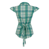 Daiiibabyyy  New American Style Y2k Retro Green Plaid Shirt Women Fly Sleeves Polo Collar Tie Waist Spicy Girl Top