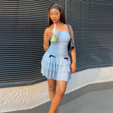 Daiiibabyyy  Sweet Light Blue Polka Dot Mini Dress Women Trendy Strapless Ruched Tiered Ruffle Bow Vestido Bridal Shower Date Night Gown