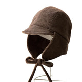Daiiibabyyy  Autumn and Winter New Plain Weave Ear Protector Baseball Cap Men's and Women's Short Brim Outdoor Warm Riding Woolen Bomber Hats