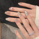 Daiiibabyyy  10pcs Handmade Silver Press On Nails Rhomboid Plaid Cat's Eye Simple False Nails Flash Bowknots Decor Short Fake Nail For Women