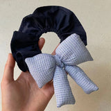 Daiiibabyyy  1PC Retro Blue Plaid Cotton-Filled Bow in Navy Blue Scrunchie - Fashionable, Ins Niche, New Style Ponytail Hair Tie for Women