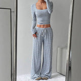 DAIIIBABYYY  -  Casual Simple Striped Long Sleeved Top and Pants Set Women's Two-piece Set