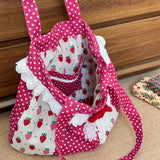 Daiiibabyyy  Y2k Aesthetic Women Dots Strawberry Print Shoulder Bags Japanese Lace Patchwork Shoulder Bags Fashion Luxury Design Underarm Bag