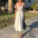 Daiiibabyyy  Women's U Neck Mesh Knitted Patchwork Beach Dress Simple Solid Sleeveless Hollow Out Long Dress High Street Pleated Loose Dress