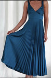 Daiiibabyyy  Summer Woman Dress Spaghetti Strap V Neck Maxi Dress Pleated A Line Silhouette Elegant Party Evening Dress Yellow Teal Emerald
