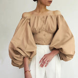 Daiiibabyyy Off Shoulder Lantern Sleeve Women Shirt Design Cotton Soild Single-breasted Backless Slim Blouse Elegant Spring Summer Tops