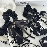 Daiiibabyyy New Vintage Black and White Printed Bow Ink Skirt Train Scrunchie Head Rope Female Senior Sense Gentle Elegant Bow Hair Rope