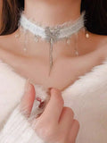 Daiiibabyyy  Fluffy Double-layer Rhinestone Snowflake Tassel Choker Christmas Sweet Sexy Clavicle Chain for Women Party Jewelry