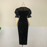 DAIIIBABYYY  -  Women Plus Size Dress Sequin Black Embroidery Chest Wrapped Puff Sleeve Sparkly Dress Cocktail Wedding Guest Classy Party Dress