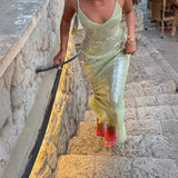 Daiiibabyyy Green Sequins Long Dress Women Sexy Backless Slim Evening Party Dresses Summer Fashion Spaghetti Strap Holiday Beach Dress 2024