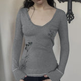 Daiiibabyyy  American Style Vintage Plant Print Basic Long Sleeved T-shirt Women V-neck Slim Fit Base Y2K Spicy Girl Top