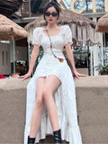 Daiiibabyyy Y2K Long Dresses for Women Puff Sleeve Lace-up A-line Off Shoulder Club Party Dress Summer New Korean Chic One Piece Vestido