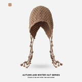 Daiiibabyyy  Korean Winter Wool Tassel Knitted Ear Protection Hat for Women Winter Warm Crochet Earmuffs Caps Girl Pullover Beanie Bonnet
