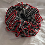 Daiiibabyyy  1PC Black And White Gingham Hair Scrunchie With Red Trim, Large Voluminous Hair Tie, Stylish Hair Accessory For Women