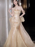 Daiiibabyyy  Golden Woman Evening Dress Luxury Sexy Tube Top Butterfly Sequin Backless Mermaid Pleated Lady Banquet Party Wedding Bride Gown