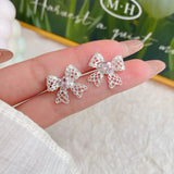 DAIIIBABYYY  -   Korean Fashion Ballet Ribbon Bow-knot Drop Earrings Women INS Silver Plated Pearl Rhinestone Bow Tassel Earring Jewelry