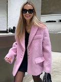DAIIIBABYYY  -  Women's Elegant Pink Lapel Pockets Woolen Blazer Coat Fashion Single-breasted Loose Long Sleeve Coats Lady Sweet Outerwear