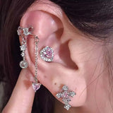 Daiiibabyyy  1Pcs Pink Zircon Heart Bowknot Chain Ear Bone Nail For Women Girls Sweet Cute Silver Color Piercing Earrings Y2K Jewelry