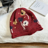 DAIIIBABYYY  -  Korean Flower Jacquard Crimped Knitted Hat Winter Outdoor Warm Ear Protection Big Head Drawstring Design Women Skull Beanie Cap