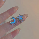 Daiiibabyyy  New Sparkling Asymmetric Star Earrings for Women Waterdrop Tassel Chain Moonstone Planet Star Y2K Jewelry Gifts