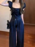 DAIIIBABYYY  -  Casual Denim Suit Women's Summer Bow Short-sleeved Top High Waist Wide Leg Pants Two-piece Set Fashion Female Clothes